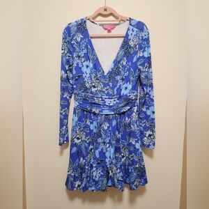 Lilly Pulitzer Romper Blue Floral V-Neck Long Sleeve Dress, Med